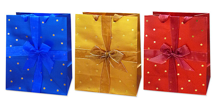 Пакет подарочный бумажный С ЛЕНТОЙ 17,8*22,9*9см (Gold, Red, Blue) (M) Антелла (Эрмита) / 12