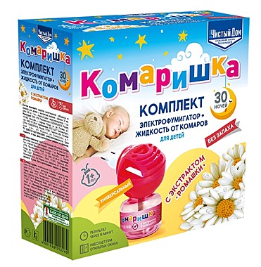 ЧИСТЫЙ ДОМ  КОМПЛЕКТ КОМАРИШКА(для детей) от комаров (45ночей) фумигатор универсальный + жидкость от